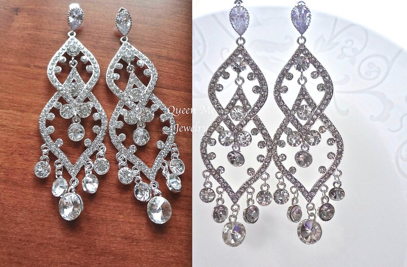 Long Crystal Chandelier Earrings Sterling Posts Brides Image 0