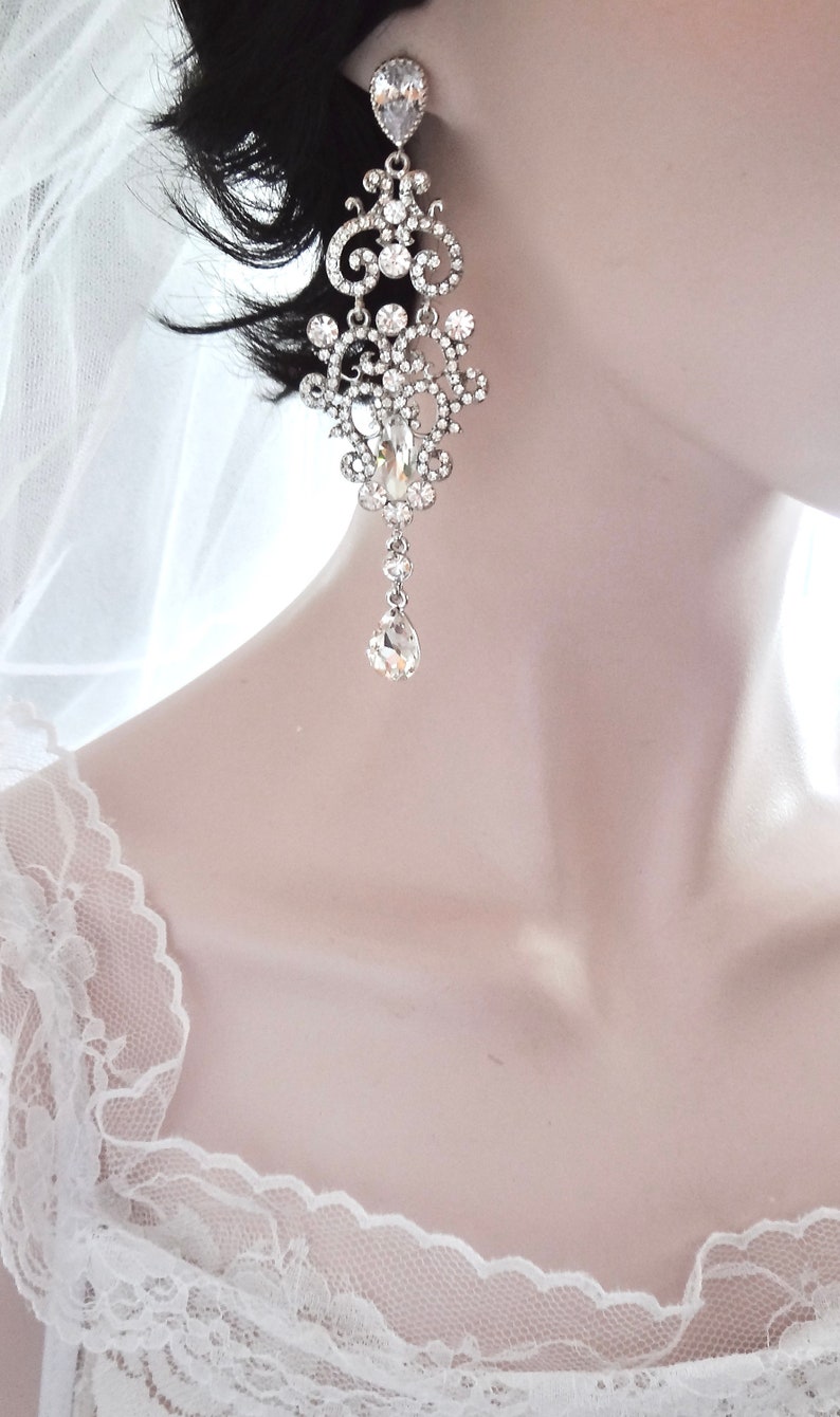 Bridal Jewelry Pageant Prom Earrings Sterling posts Statement Wedding Earrings for a Bride LEXI Long Crystal Chandelier Earrings