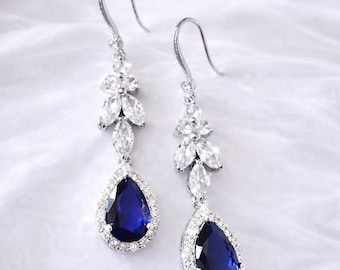 Chandelier Wedding Earrings for a Bride Something Blue Long Sapphire Blue Cz Teardrop Leaf Vine Earrings And Bracelet Bridal Jewelry LILLY