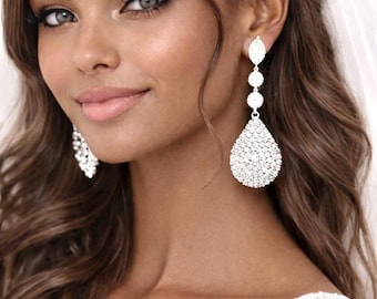 Rhinestone Statement Earrings For a Bride, Long Crystal Teardrop Wedding Earrings Pageant Prom Gatsby Bridal Jewelry BLING Gift for her