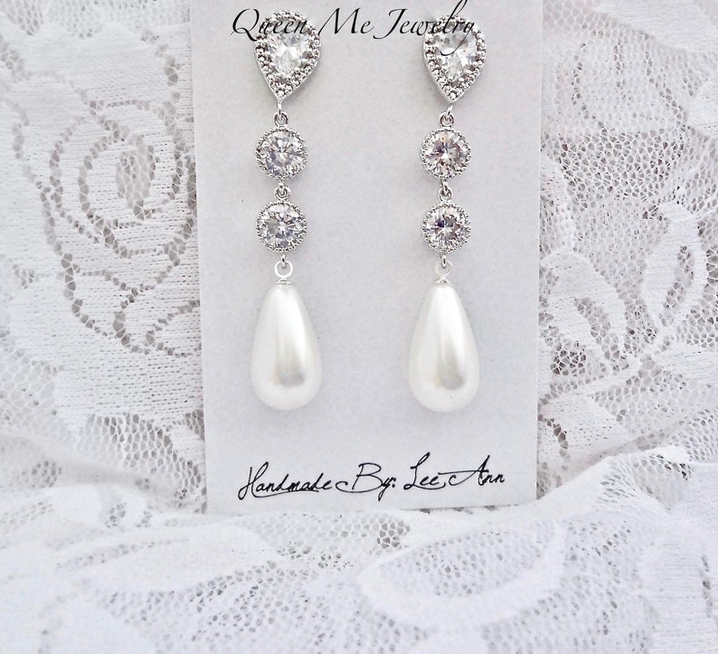 Long Pearl Earrings for a Bride Cz Wedding Earrings Etsy