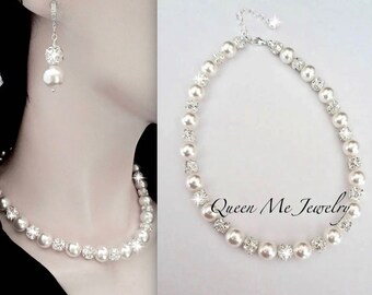 Wedding Jewelry Set Pearl Necklace and Earrings For a Bride Bridesmaids Mother of Bride Chunky Crystal Statement Bridal Jewelry, LOLITA