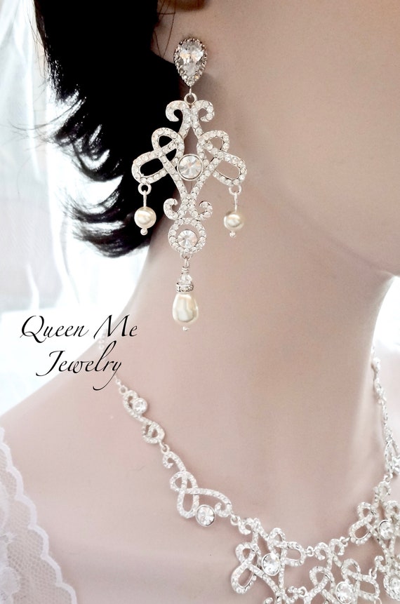 Long Pearl And Crystal Chandelier Earrings Swarovski Image 0