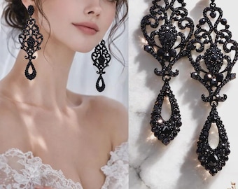 Black Crystal Statement Earrings Victorian Chandelier Gothic Wedding Earrings Jet Black EXOTIC Bridal Jewelry For a bride Prom Pageant KAY