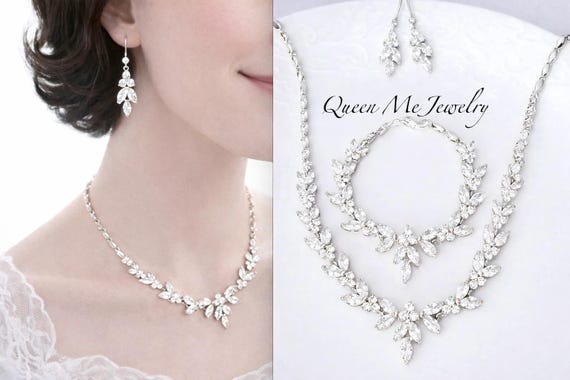 Wedding Jewelry SET for a Bride Mother of the Bride Bridesmaids Dainty Cz Leaf Marquise Necklace Dangle Earrings AND Cuff Bracelet, Lilly