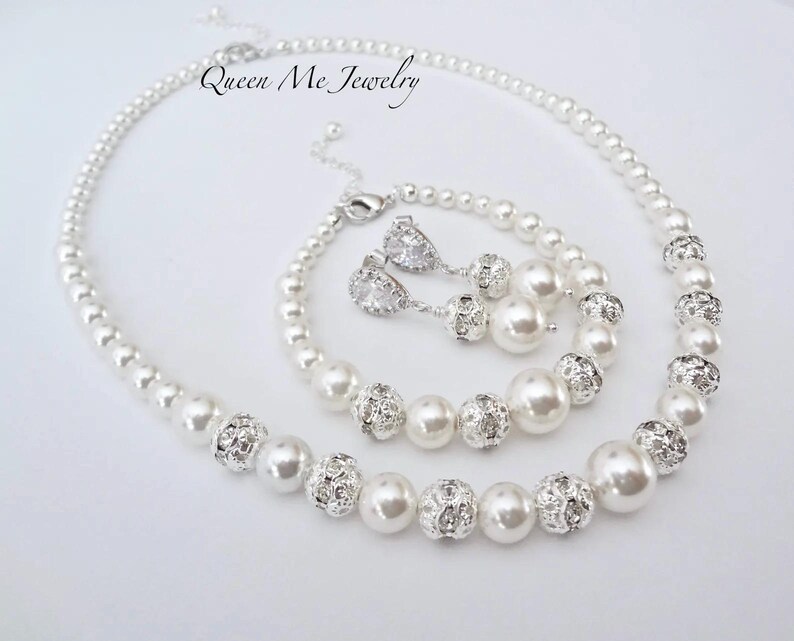 Pearl Wedding Jewelry SET for a Bride Mother of the Bride Pearl Necklace Bracelet Earrings Plus Size Bridal Jewelry Gift for her, DESTINY2 image 2