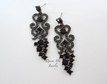 Black Statement Jewelry Set Crystal Chandelier Earrings and Bracelet Victorian Gothic Wedding Jewelry Jet and Gray Black Bridal Jewelry Gift