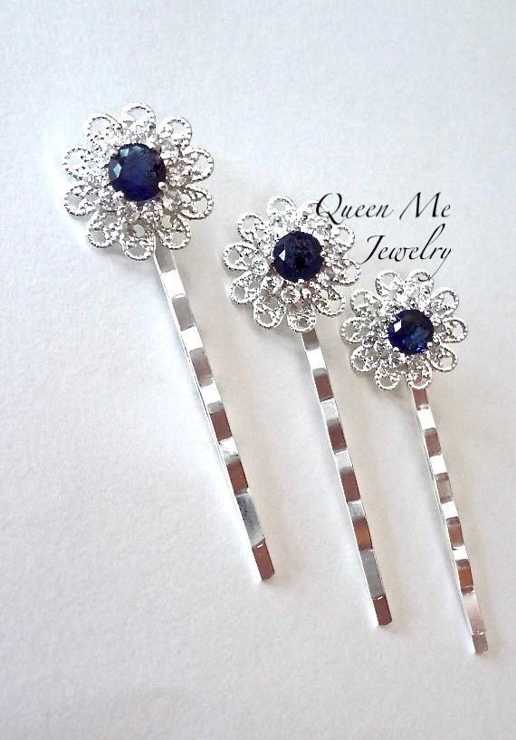 Bridal Hair Pins Cz Sapphire Blue Wedding Hair Accessories Etsy