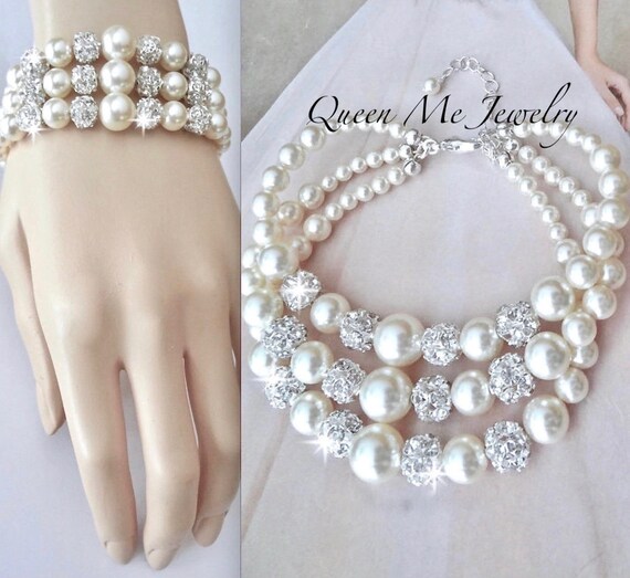 Pearl Statement Bracelet for a Bride 3 Strand Cuff Wedding Etsy