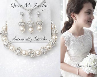 Pearl Jewelry Set, Earrings, Necklace & Bracelet For a Junior Bridesmaid Flower Girl