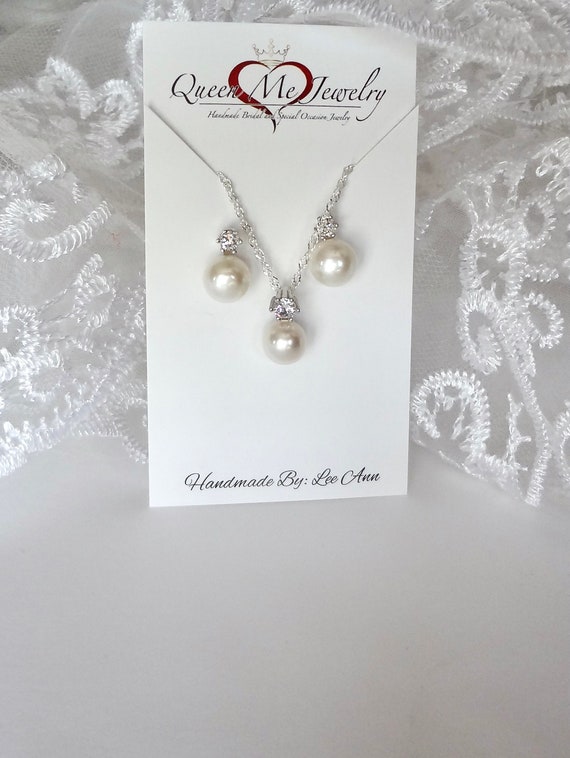 Pearl Earrings and Necklace For a Bride Mother of the Bride Bridesmaids Sterling Silver Wedding Jewelry Set Bridal Gift Round Cz FRESHWATER