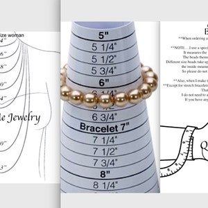 May include: Jewellery sizing diagrams showing necklace lengths in inches and bracelet sizing using a measuring tool. The image includes text from "Queen Me Jewelry" and instructions for measuring wrists.
