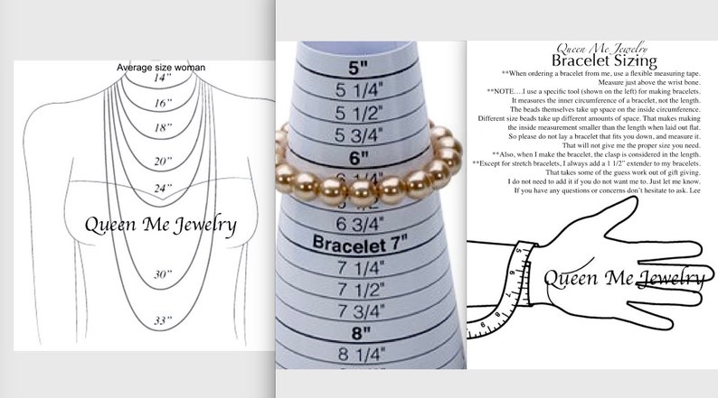 May include: Jewellery sizing diagrams showing necklace lengths in inches and bracelet sizing using a measuring tool. The image includes text from "Queen Me Jewelry" and instructions for measuring wrists.
