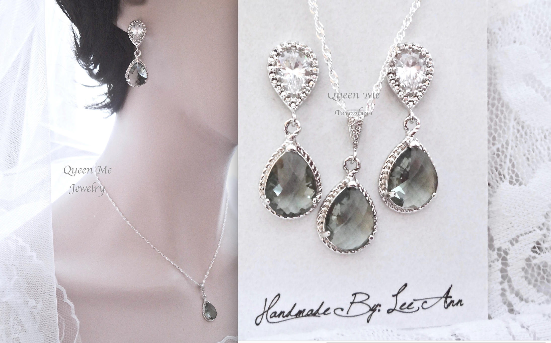 Gray Jewelry SET Earrings AND Necklace Sterling Silver Etsy