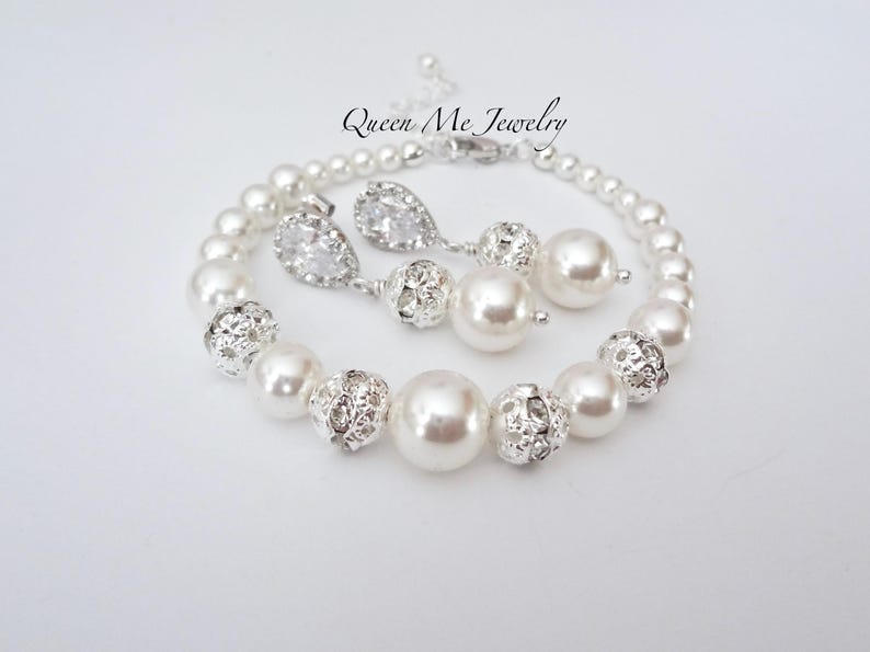 Pearl Wedding Jewelry SET for a Bride Mother of the Bride Pearl Necklace Bracelet Earrings Plus Size Bridal Jewelry Gift for her, DESTINY2 image 6