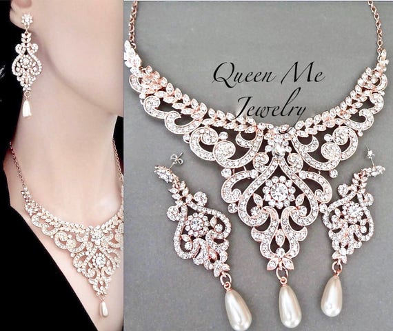Statement Wedding Jewelry SET for a Bride Pearl Crystal Bib Necklace AND Chandelier Earrings Necklace For Pageant Prom Bridal Jewelry, LEAH