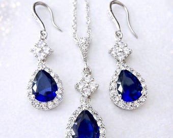 Halo Cz Teardrop Navy Blue Sapphire Earrings AND Necklace Sterling Silver Gift for Her Something Blue Wedding Jewelry SET for a Bride. TIA