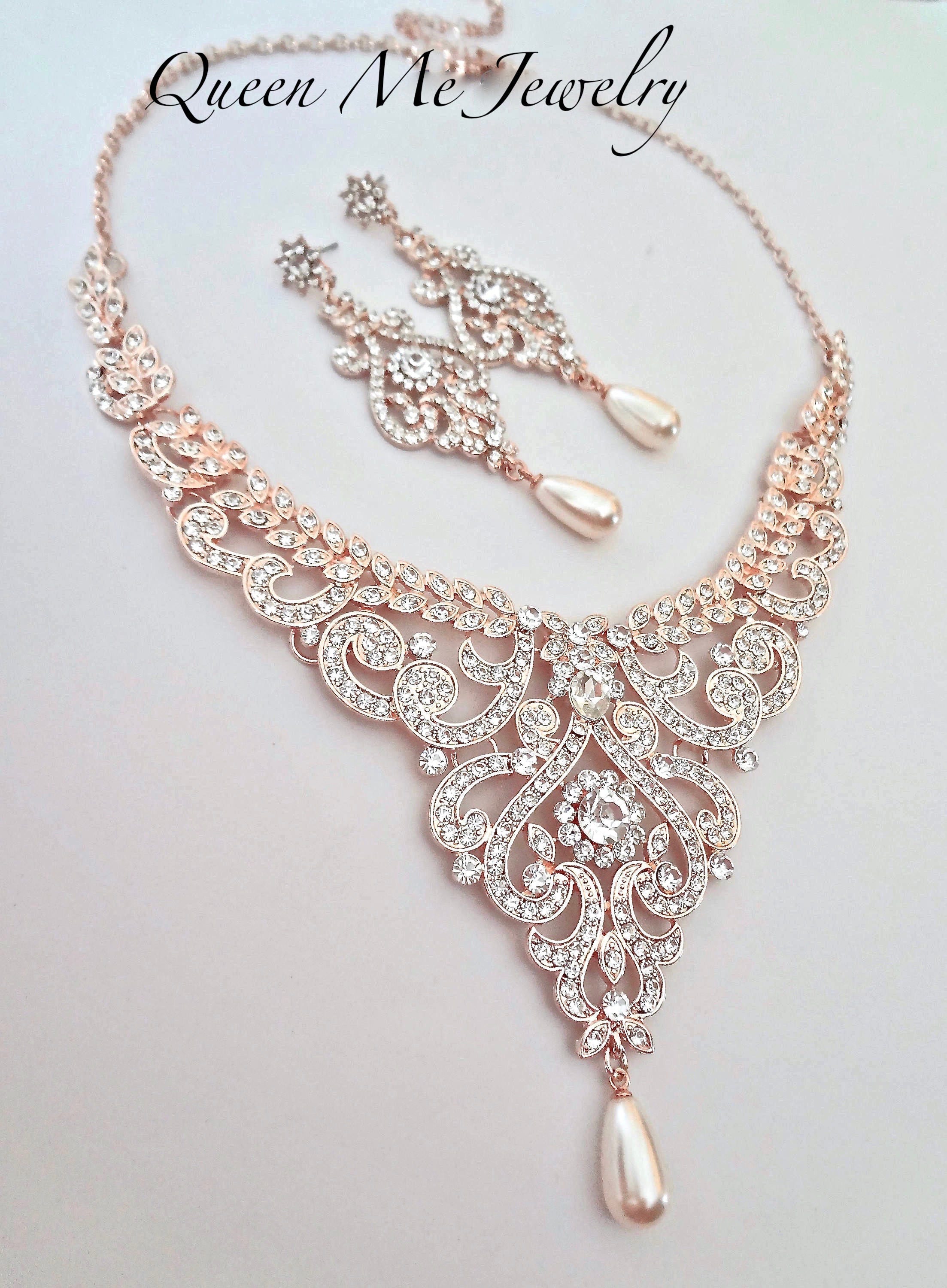 Rose Gold Statement Wedding Necklace For a Bride Crystal Bib | Etsy