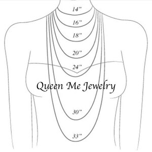 May include: Diagram showing necklace lengths from 35.5 cm to 83.8 cm, displayed on a mannequin. The text "Queen Me Jewelry" is present. Useful for visualizing necklace sizes.