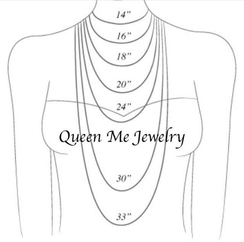 May include: Diagram showing necklace lengths from 35.5 cm to 83.8 cm, displayed on a mannequin. The text "Queen Me Jewelry" is present. Useful for visualizing necklace sizes.