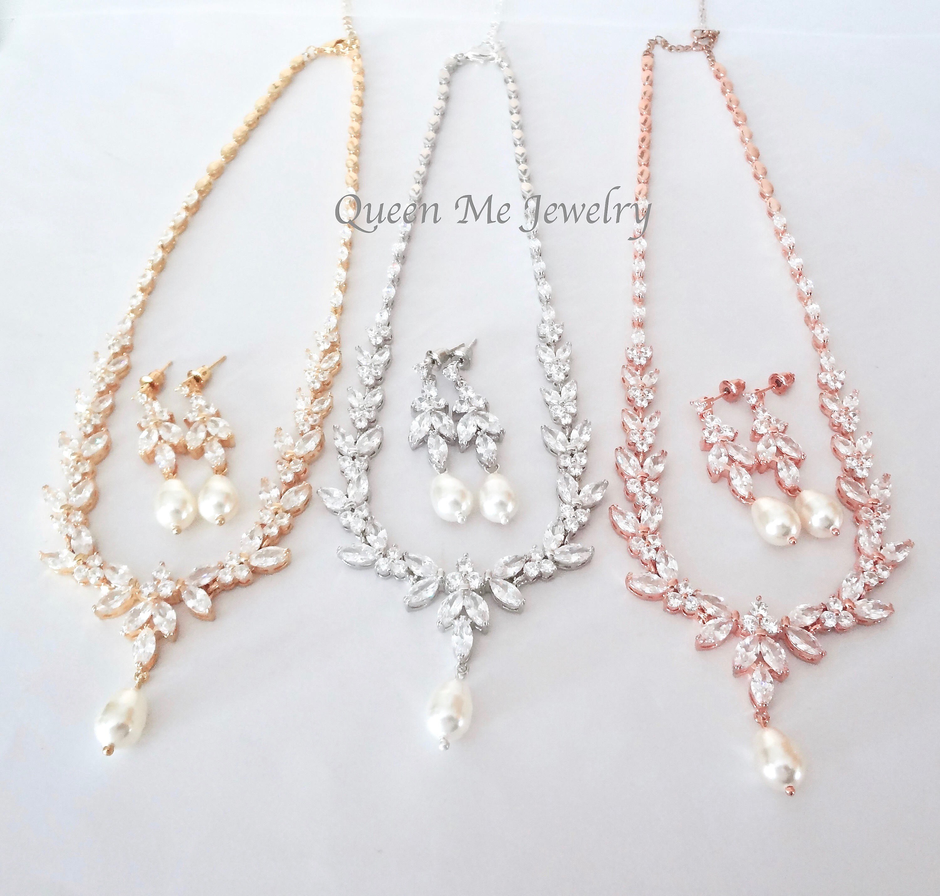 Pearl Jewelry SET for a Bride Mother of the Bride Cz Leaf Etsy