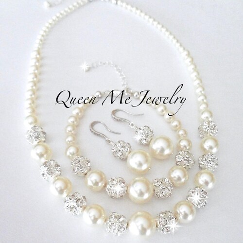 Chunky Pearl Jewelry SET. 3 piece Necklace Bracelet AND Earrings For a Bride, Mother of shops the Bride Bridesmaids Wedding Bridal Jewelry. LOLITA