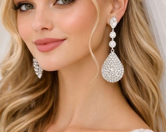 Long Crystal Teardrop Wedding Earrings Rhinestone Statement Earrings For a Bride Pageant Prom Gatsby Bridal Jewelry BLING Gift for her