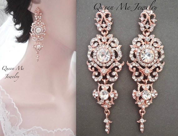 Long Rose Gold Crystal Chandelier Earrings Statement Image 0