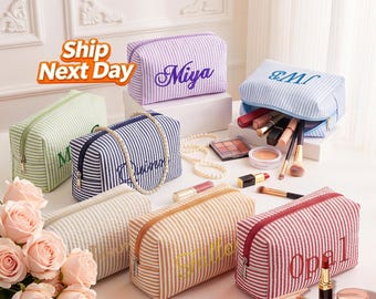 Custom Embroidered Seersucker Makeup Bag, Custom Name Cosmetic Bag,Monogram Toiletry Makeup Bag,Bridesmaid Makeup Bag,Bridesmaid Gifts