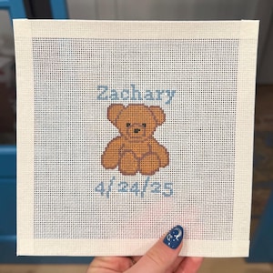 Teddy Bear Needlepoint Canvas | 5 x 5.5 in | Hand Painted on 18 Mesh | Optional custom