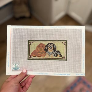 May include: A rectangular needlepoint canvas featuring a stitched design of two dachshund dogs, one brown and one black and tan, centred within a dark green border on a light green background. The canvas edges are printed with the text Seaglass Stitches.