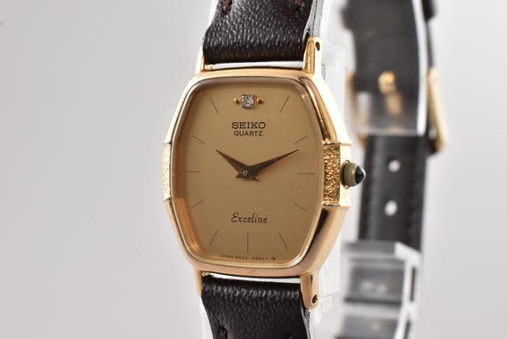 Vintage 1982s Seiko Exceline 10KT Gold Diamond Watch | Gold Dial Quartz Ladies Timepiece, 8420-5780 JDM