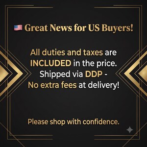 Puede incluir: Un gr&aacute;fico negro con bordes geom&eacute;tricos dorados y el texto: Great News for US Buyers! All duties and taxes are INCLUDED in the price. Shipped via DDP - No extra fees at delivery! Please shop with confidence. Incluye un icono de la bandera de EE. UU.
