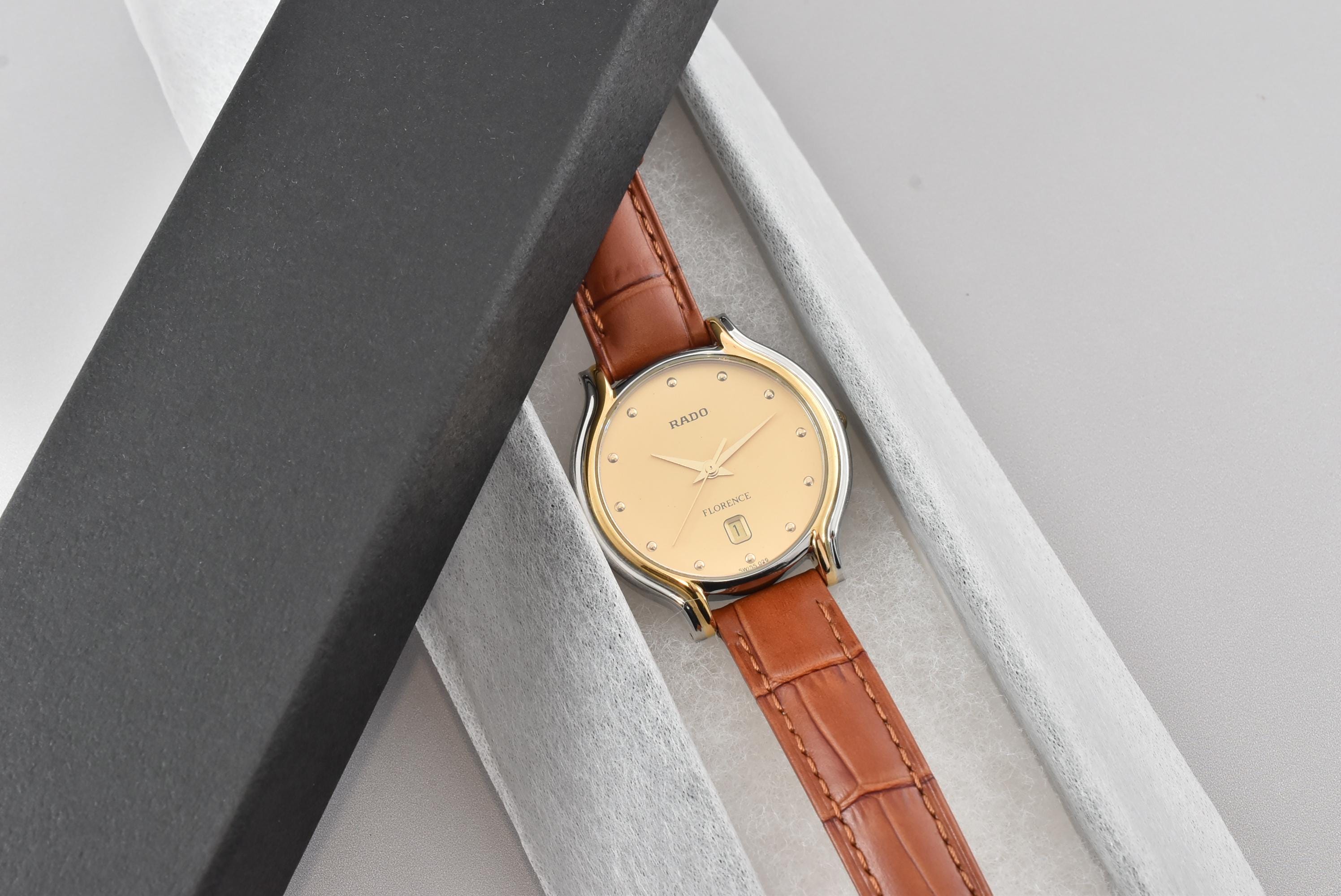 Vintage 1990s Rado Florence Watch With Gift Box | Gold Dial Swiss