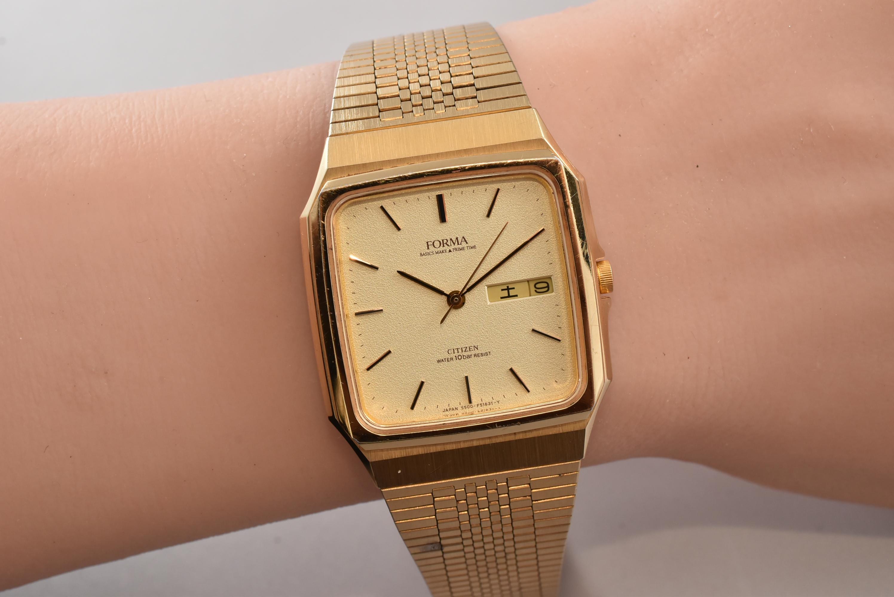 Vintage CITIZEN tank FORMA スクエア ゴールド 稼働品 Vintage Citizen Forma Gold Square Watch, Day Date, 80s Classic