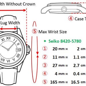 Puede incluir: Un diagrama t&eacute;cnico de un reloj Seiko 8420-5780 que muestra medidas en pulgadas y mil&iacute;metros. Muestra el ancho de la caja, el ancho de la asa, la longitud, el grosor de la caja y el tama&ntilde;o m&aacute;ximo de mu&ntilde;eca con flechas rojas indicativas.