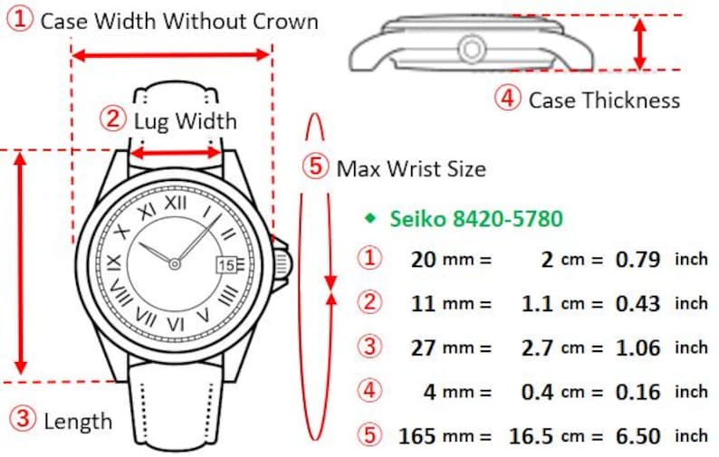 Puede incluir: Un diagrama t&eacute;cnico de un reloj Seiko 8420-5780 que muestra medidas en pulgadas y mil&iacute;metros. Muestra el ancho de la caja, el ancho de la asa, la longitud, el grosor de la caja y el tama&ntilde;o m&aacute;ximo de mu&ntilde;eca con flechas rojas indicativas.