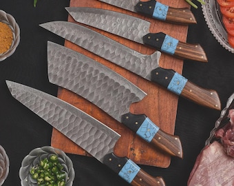 Hand Forged Chef Knife Set, 5 Piece Handmade Kitchen Knives - Wooden Handle - Professional Cooking Set