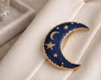 Moon Brooches,Blue Enamel Moon Brooch,Vintage Moon Brooches,Celestial Star Brooch,Gift for Mom,Brooch gift,Brooches for women,