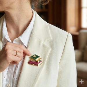 Pode incluir: Broche dourado com uma pilha de três livros com capas coloridas. O livro de cima é verde, o do meio é amarelo e o de baixo é rosa. O broche está preso a um blazer creme.