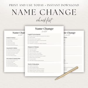 May include: Three printable "Name Change Checklist" forms with a gold pen. The checklists are organised by category, including legal, finances, and work. The text is in a stylish, elegant font, perfect for organising name changes.