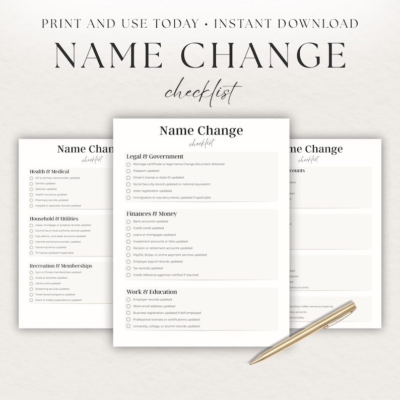 Name Change Checklist Printable | Newly Married Surname Tracker ...