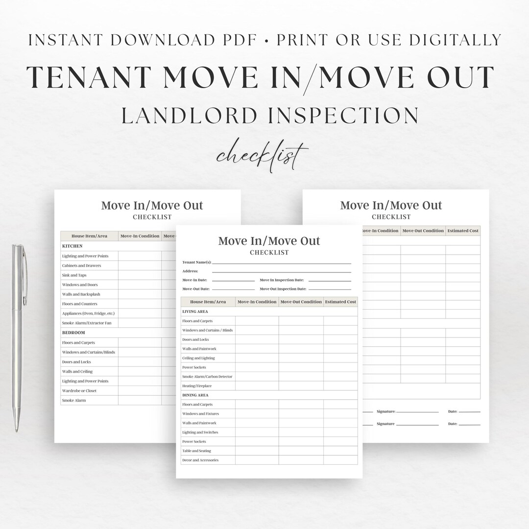 Tenant Move in Move Out Checklist | Landlord Inspection Form (PDF ...