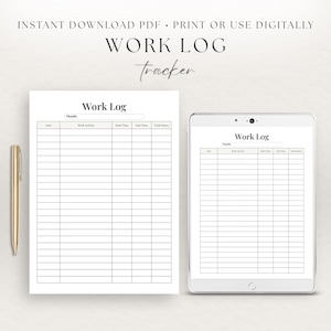 Op de afbeelding: Een printbaar werklogboek-sjabloon met een tabel met kolommen voor datum, werkactiviteit, starttijd, eindtijd en totaal aantal uren. Het document bevat de tekst Work Log en Month. Een gouden pen ligt naast de afgedrukte pagina.