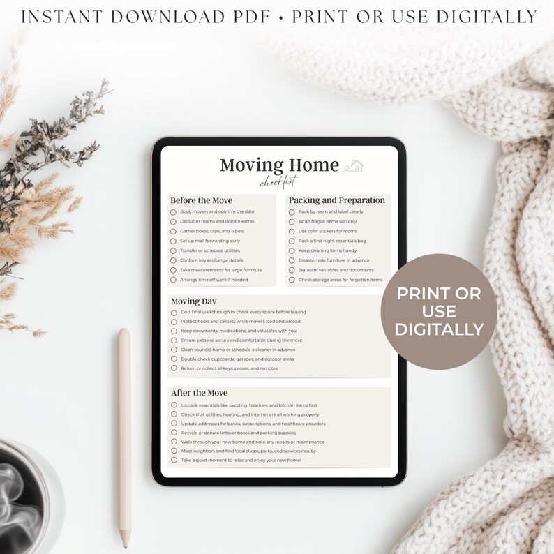 Moving Home Checklist Printable, Moving and Relocation Planning Tool
