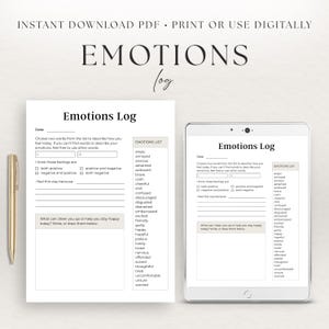 Könnte beinhalten: Ein digitaler Download eines Emotionsprotokolls, mit einem Stift und einem Tablet, das das Protokoll anzeigt. Das Protokoll enthält Abschnitte für Datum, Gefühle und eine Liste von Emotionen. Der Text lautet "Emotions Log" und "Instant Download PDF."