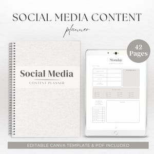 May include: A white spiral-bound Social Media Content Planner with the text "Social Media Content Planner." A tablet displays a planner page with sections for daily tasks and hashtags. The image includes the text "42 Pages" and "Editable Canva Template & PDF Included."