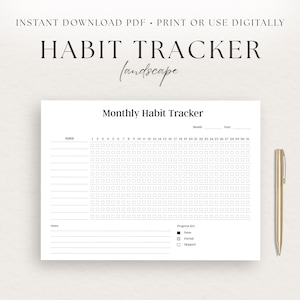 Puede incluir: Un rastreador de hábitos mensual blanco, en formato horizontal. El rastreador incluye espacios para hábitos, fechas y una clave de progreso. Un bolígrafo dorado descansa a la derecha. El texto superior dice "HABIT TRACKER" y "INSTANT DOWNLOAD PDF".