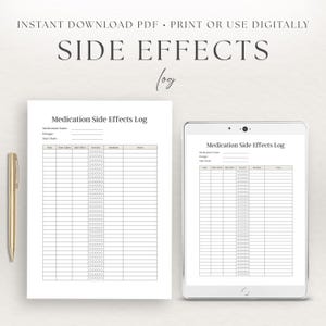 Puede incluir: Una descarga digital que presenta un registro de efectos secundarios de medicamentos, disponible como PDF. El diseño incluye un registro impreso y una tableta que muestra el mismo registro. Un bolígrafo dorado está posicionado a la izquierda. El texto dice "SIDE EFFECTS log".