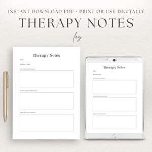 Op de afbeelding: Een digitale download met een Therapy Notes-logboek. De afbeelding toont een afgedrukte pagina en een tabletscherm, beide met een sjabloon voor het vastleggen van sessiedetails. Links staat een gouden pen. De tekst bovenaan luidt "DIRECT DOWNLOAD PDF • PRINT OF DIGITAAL GEBRUIKEN".